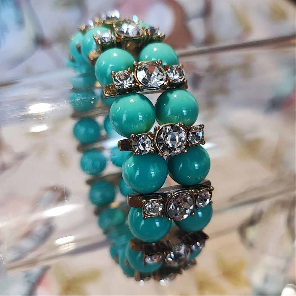 J. Crew Signed Faux Turquoise Beaded Stretch Bracelet Clear Rhinestones EUC